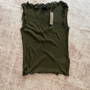 J.Crew Women Small Dark Moss Green Plisse Sleeveless Lettuce Edge Top NWT